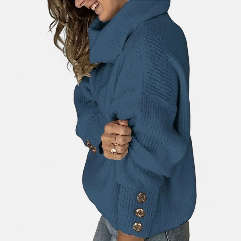 Élan Urbain™ | Pull Femme à Col Haut Décontracté – Boutons Décoratifs