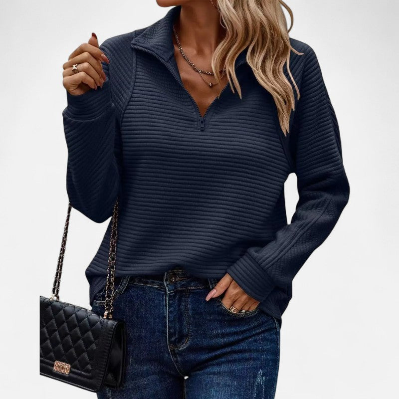 Élan Urbain™ | Pull Femme Zippé à Demi-Fermeture – Col Montant en Maille Côtelée – Coupe Décontractée