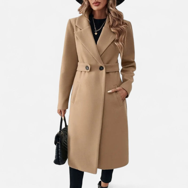 Élan Urbain™ | Manteau long élégant en tweed noir avec ceinture ajustable pour femme