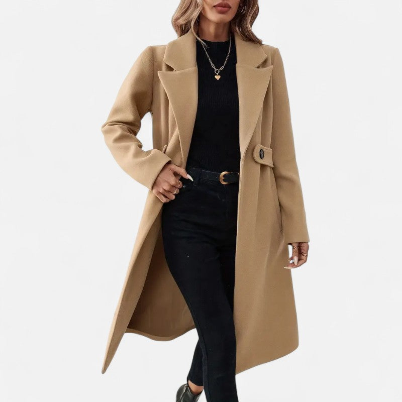 Élan Urbain™ | Manteau long élégant en tweed noir avec ceinture ajustable pour femme