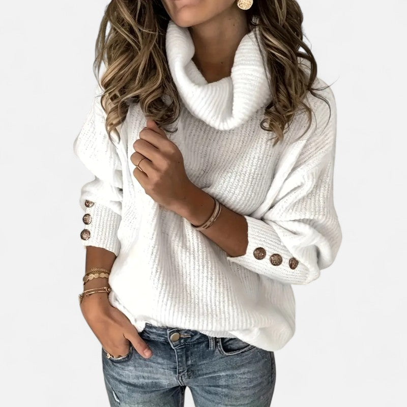 Élan Urbain™ | Pull Femme à Col Haut Décontracté – Boutons Décoratifs