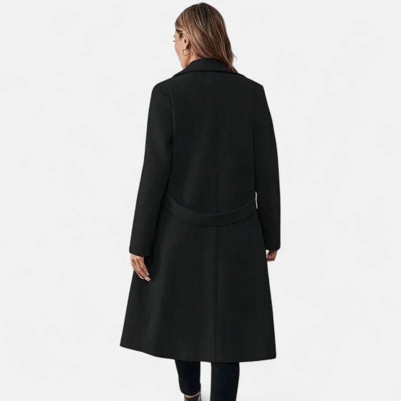 Élan Urbain™ | Manteau long élégant en tweed noir avec ceinture ajustable pour femme