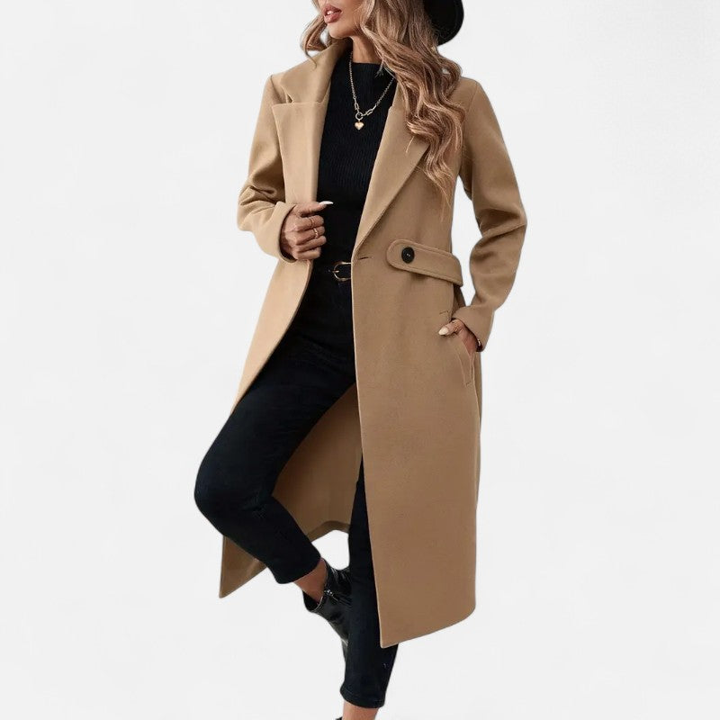 Élan Urbain™ | Manteau long élégant en tweed noir avec ceinture ajustable pour femme