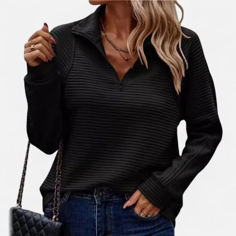 Élan Urbain™ | Pull Femme Zippé à Demi-Fermeture – Col Montant en Maille Côtelée – Coupe Décontractée