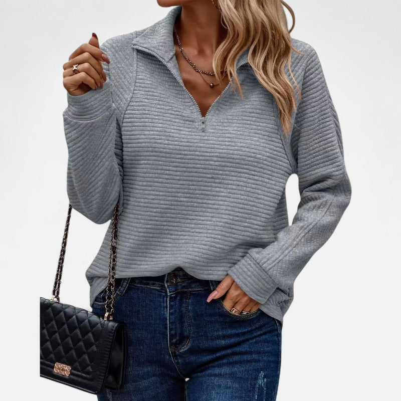 Élan Urbain™ | Pull Femme Zippé à Demi-Fermeture – Col Montant en Maille Côtelée – Coupe Décontractée
