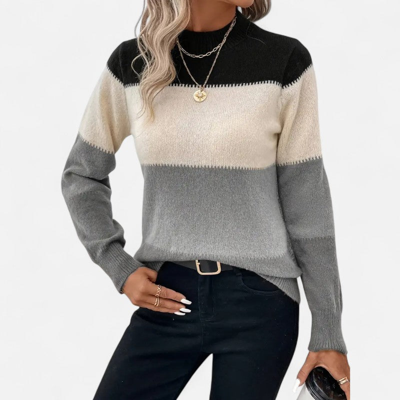 Élan Urbain™ | Pull Femme en Maille Color Block à Col Montant – Manche Longue & Coupe Confort
