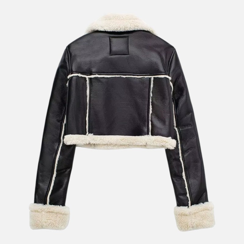 Élan Urbain™ | Veste Bomber Courte en Cuir et Laine Mélangée pour Femme
